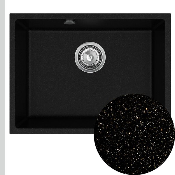 Sink Quality Crypton 60, kuchyňský granitový dřez 535x400x205 mm + chromový sifon, černá skvrnitá, SKQ-CRY.B.1KBO.60.X