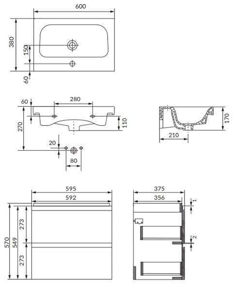 Cersanit Moduo Slim SET, závěsná skříňka 60x35x62 cm + umyvadlo 60cm, antracitová matná, S801-469-DSM