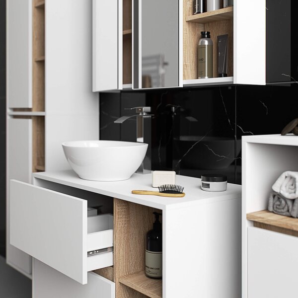 Ak furniture Závěsná koupelnová skříňka se zrcadlem VAMI 90 cm bílá/dub sonoma