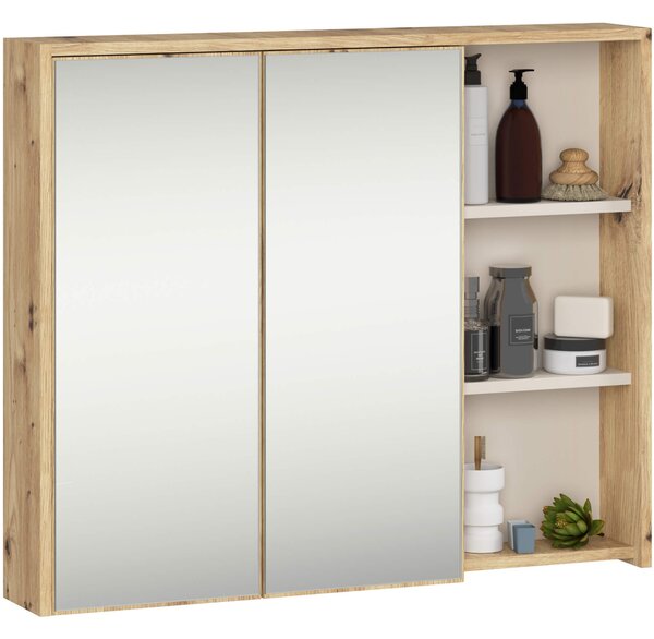 Ak furniture Závěsná koupelnová skříňka se zrcadlem VAMI 90 cm dub artisan/kašmírová