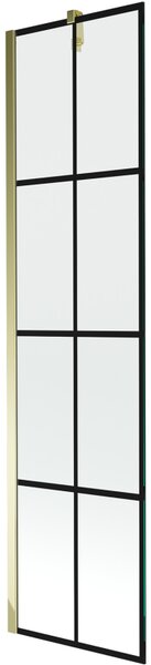 Mexen Next, vanová zástěna 1-křídlová 50 x 150 cm, fixní křídlo, 6 mm čiré sklo s černým vzorem, zlatý profil, 895-050-000-00-77-50