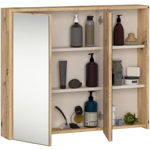Ak furniture Závěsná koupelnová skříňka se zrcadlem VAMI 90 cm dub artisan/kašmírová