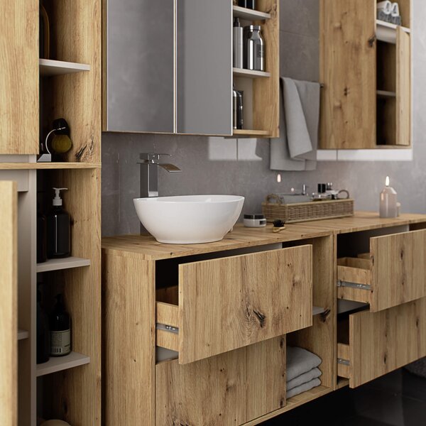 Ak furniture Závěsná koupelnová skříňka se zrcadlem VAMI 90 cm dub artisan/kašmírová