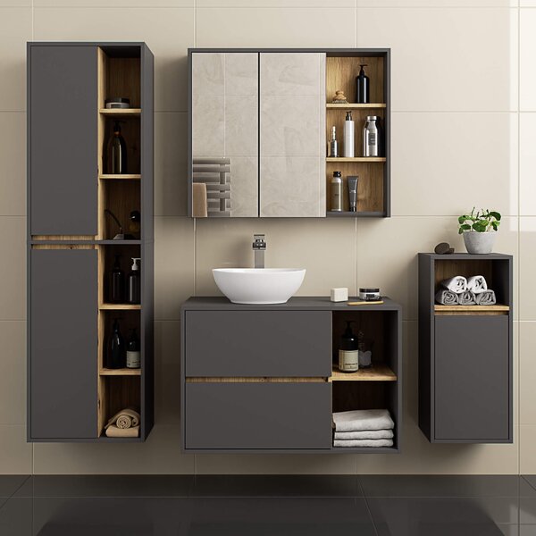 Ak furniture Závěsná koupelnová skříňka se zrcadlem VAMI 90 cm šedý grafit/dub artisan
