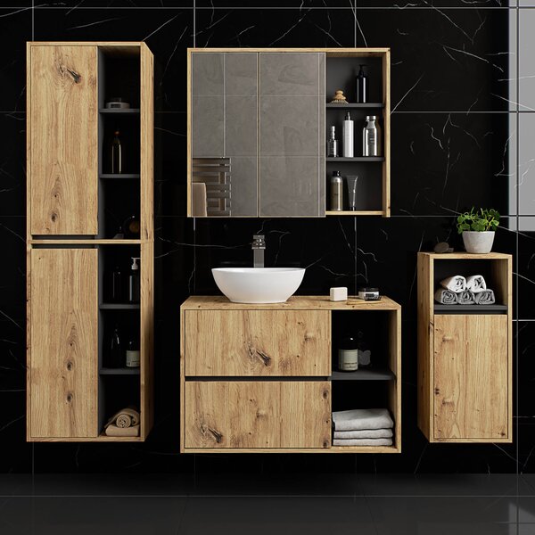 Ak furniture Závěsná koupelnová skříňka se zrcadlem VAMI 90 cm dub artisan/šedý grafit
