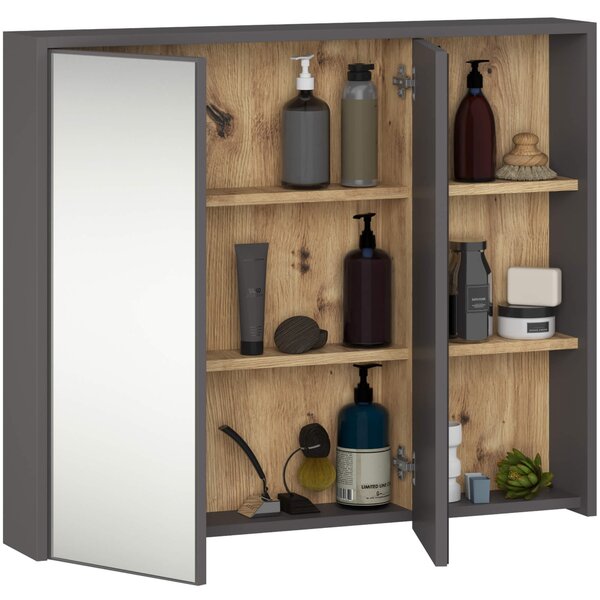 Ak furniture Závěsná koupelnová skříňka se zrcadlem VAMI 90 cm šedý grafit/dub artisan