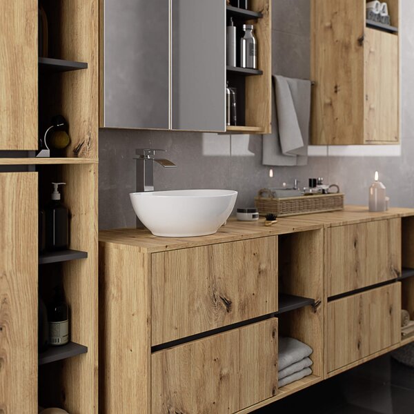 Ak furniture Závěsná koupelnová skříňka se zrcadlem VAMI 90 cm dub artisan/šedý grafit
