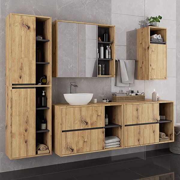 Ak furniture Závěsná koupelnová skříňka se zrcadlem VAMI 90 cm dub artisan/šedý grafit