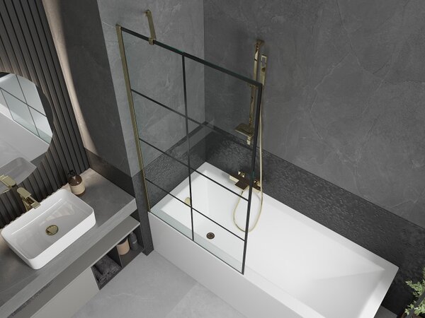 Mexen Next, vanová zástěna 1-křídlová 90 x 150 cm, fixní křídlo, 6 mm čiré sklo s černým vzorem, zlatý profil, 895-090-000-00-77-50