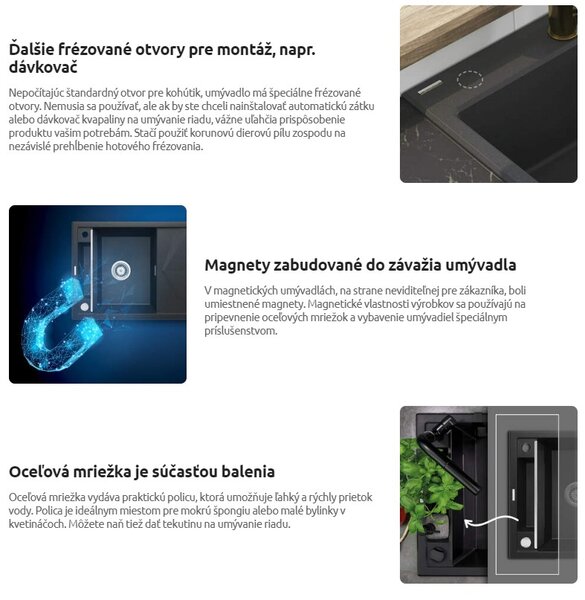 Deante Magnetic, granitový dřez na desku 690x500x219 mm, 3,5" + prostorově úsporný sifon, 1,5-komorový, černá, ZRM_N503