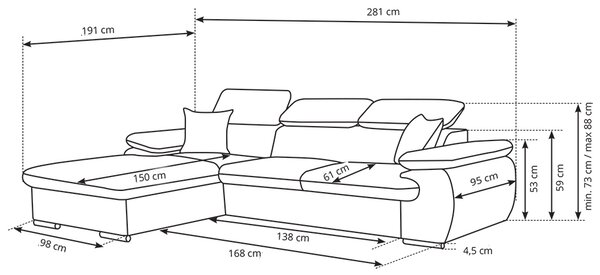 Sedací souprava COOL | 191x281 cm | rozkládací + úložný prostor | LEVÁ | lounge 21 tmavě šedá