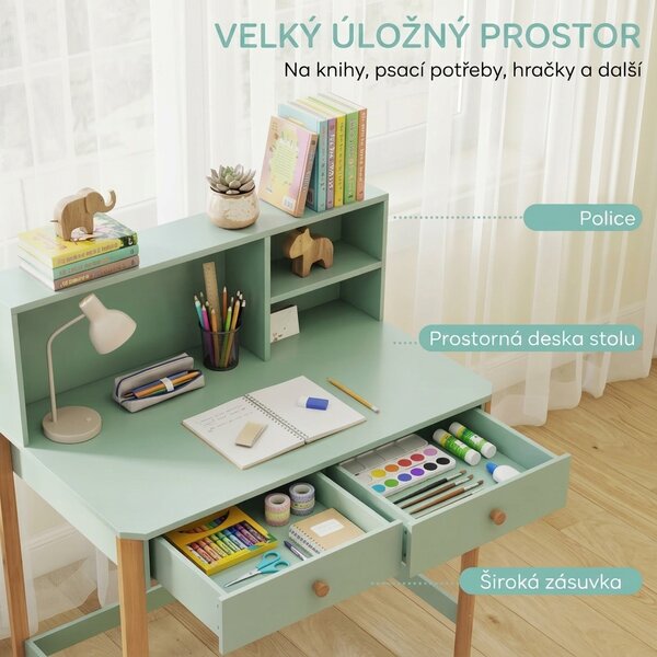 Dětský psací stůl s úložným prostorem, dřevěný, zelený, 90 x 52 x 105 cm 312-158V90GN