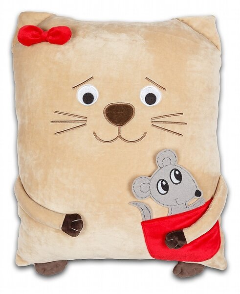 Krásný dekorační polštářek s motivem kočičky, která drží myšku. Barva béžová. Rozměr je 24x30 cm.  