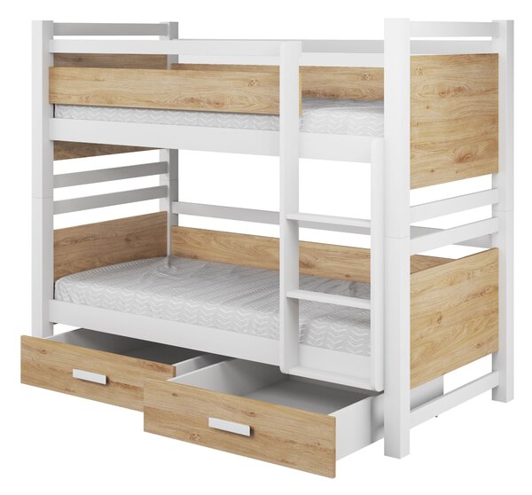 Dvoupatrová postel s úložným prostorem 80x180 UNA 1 - bílá / dub artisan, pravé provedení