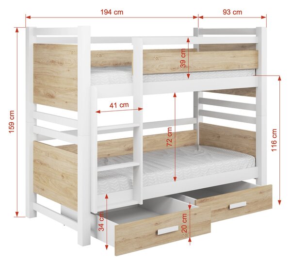Dvoupatrová postel s úložným prostorem 80x180 UNA 1 - bílá / dub artisan, levé provedení