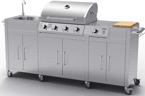 Nerezová zahradní BBQ kuchyně s umyvadlem BestBerg BBBQ-29SS / 5 hořáků / 17,2 kW / stříbrná