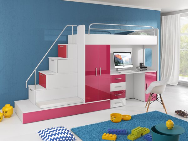 Dětská postel Ruby V (Bílá + Růžová) (s rošty). 611114