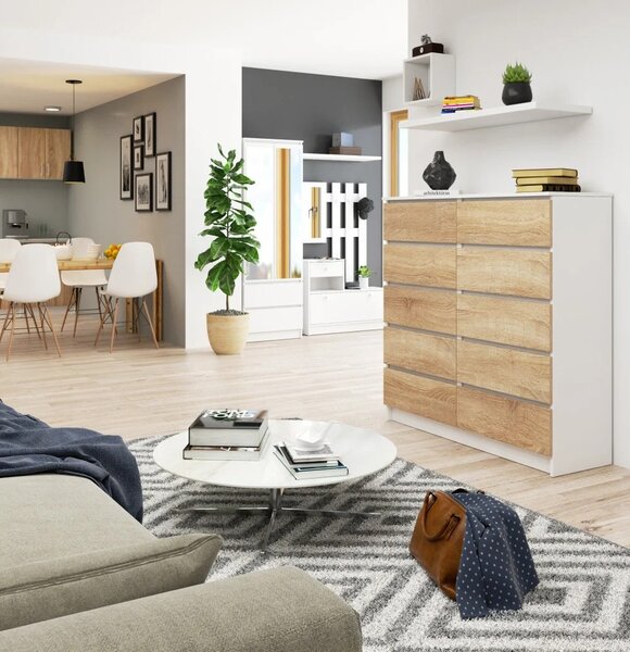 Vysoká šuplíková komoda SAVRILA - bílá / dub sonoma
