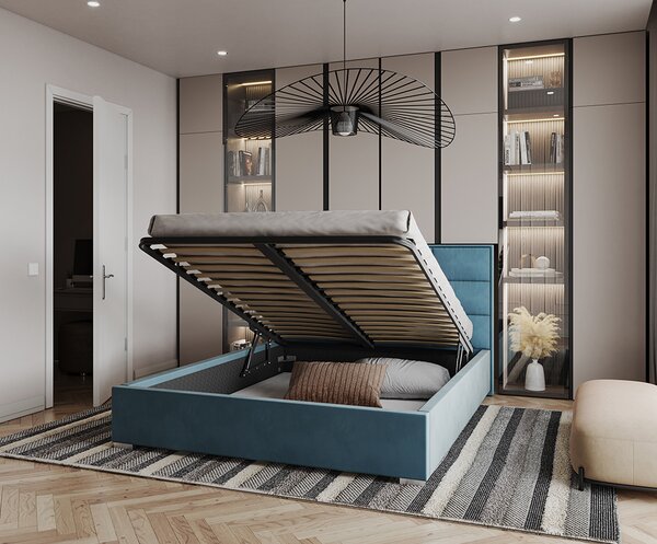 Čalouněná postel APOLLO 120x200 Modrá Paris s úložným prostorem kovový rošt