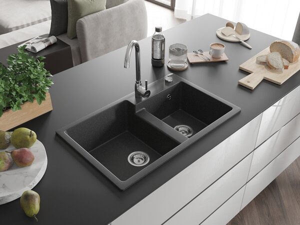 Mexen Tomas, granitový dřez 800x500x190 mm, 2-komorový, černá skvrnitá, 6516802000-76