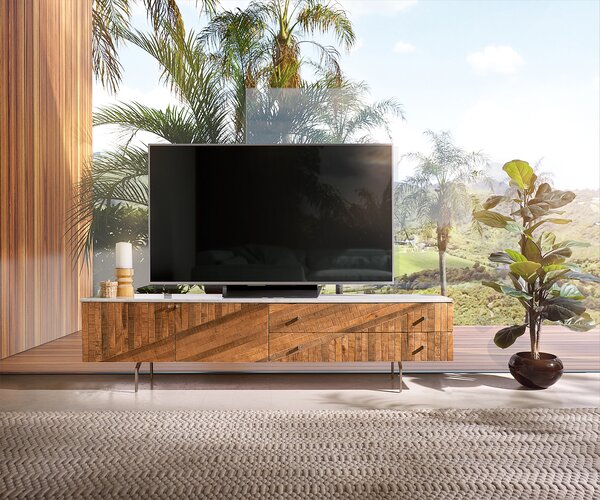 DELIFE TV stolek Bahan 175 cm mango teak 2 dvířka 2 zásuvky mramorová deska bílá podnož ve tvaru "V" nerezová ocel