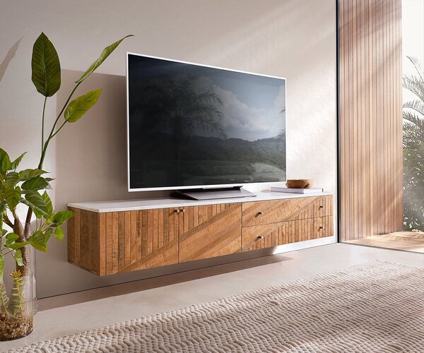 DELIFE TV stolek Bahan 175 cm mango teak 2 dvířka 2 zásuvky bílá mramorová deska závěsný