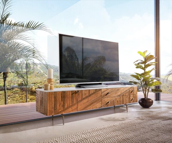 DELIFE TV stolek Bahan 175 cm mango teak 2 dvířka 2 zásuvky mramorová deska bílá podnož ve tvaru "V" nerezová ocel