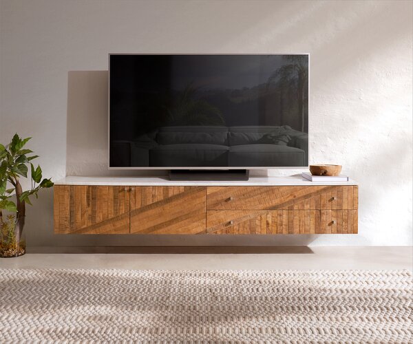 DELIFE TV stolek Bahan 175 cm mango teak 2 dvířka 2 zásuvky bílá mramorová deska závěsný