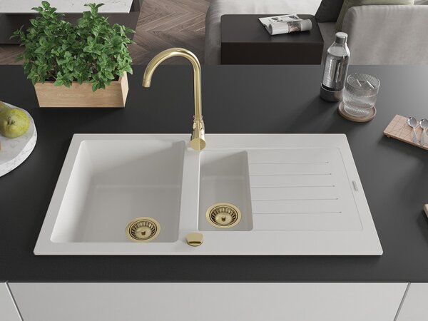 Mexen Matias granitový dřez 1,5-komorový s odkapávačem a kuchyňskou baterií Telma, bílý - 6502-20-670200-50