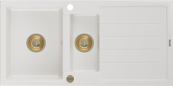 Mexen Andres 1,5-miskový granitový dřez s odkapávačem 1000 x 500 mm, Bílá, sifon Zlatá