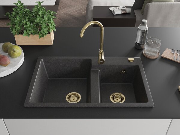 Mexen Tomas, granitový dřez 800x500x190 mm, 2-komorový, černá skvrnitá se zlatým sifonem, 6516802000-76-G