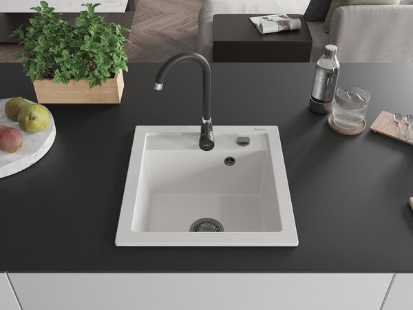 Mexen Vito, granitový dřez 520x490x210 mm, 1-komorový, bílá s černým sifonem, 6503521000-20-B