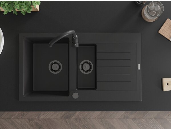 Mexen Matias - dřez granitový 900x505x200 mm, 1,5-komorový, černá s černým sifonem, 6502901505-77-B