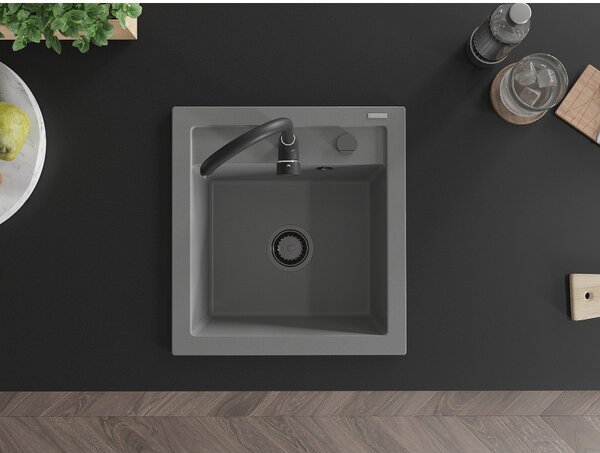 Mexen Vito, granitový dřez 520x490x210 mm, 1-komorový, šedá s černým sifonem, 6503521000-71-B
