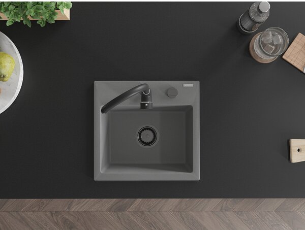Mexen Milo, granitový dřez 435x410x171 mm, 1-komorový, šedá s černým sifonem, 6505441000-71-B