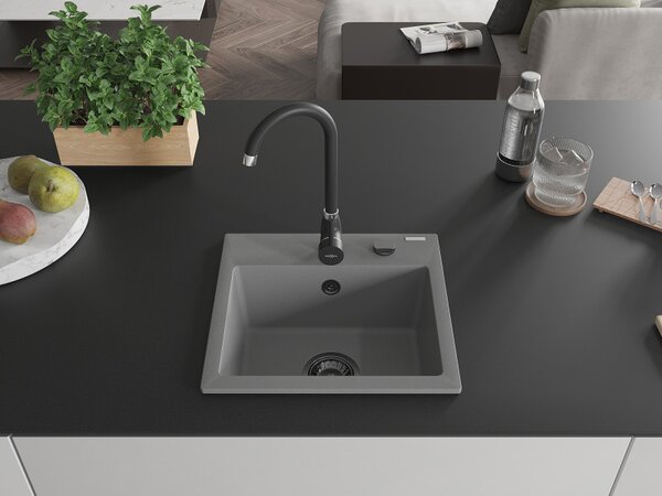 Mexen Milo, granitový dřez 435x410x171 mm, 1-komorový, šedá s černým sifonem, 6505441000-71-B