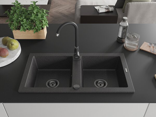 Mexen Mario, granitový dřez 820x436x161 mm, 2-komorový, černá-skvrny s černým sifonem, 6504822000-76-B