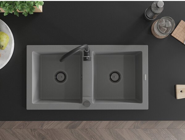 Mexen Mario, granitový dřez 820x436x161 mm, 2-komorový, šedá s černým sifonem, 6504822000-71-B