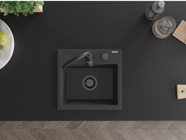 Mexen Milo, granitový dřez 435x410x171 mm, 1-komorový, černá-skvrny s černým sifonem, 6505441000-76-B