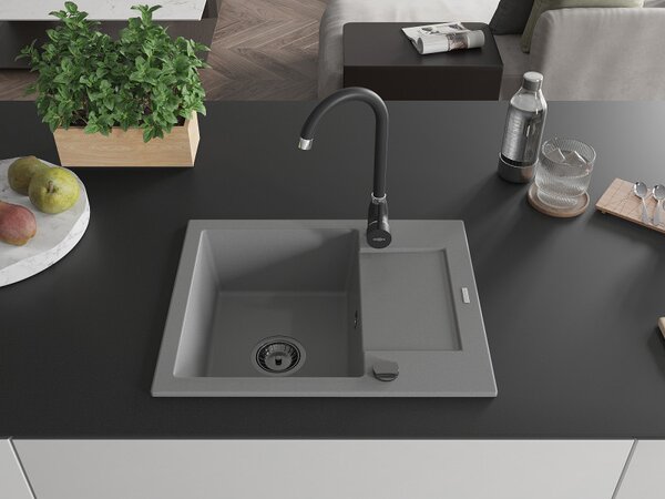 Mexen Enzo, granitový dřez 576x465x174 mm, 1-komorový, šedá s černým sifonem, 6506571005-71-B