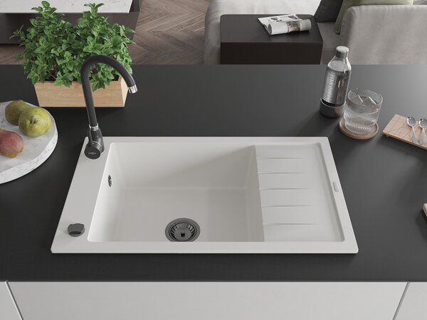 Mexen Elias, granitový dřez granitový 795x480x200 mm, 1-komorový, bílá s černým sifonem, 6511791005-20-B