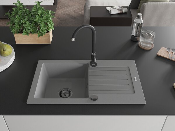 Mexen Pablo, granitový dřez 752x436x161 mm, 1-komorový, šedá s černým sifonem, 6510751010-71-B