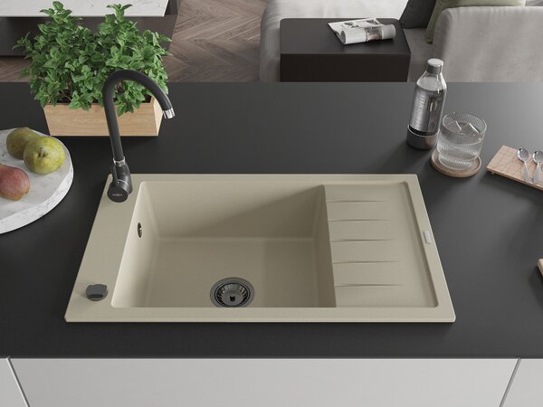 Mexen Elias, granitový dřez granitový 795x480x200 mm, 1-komorový, béžová s černým sifonem, 6511791005-69-B