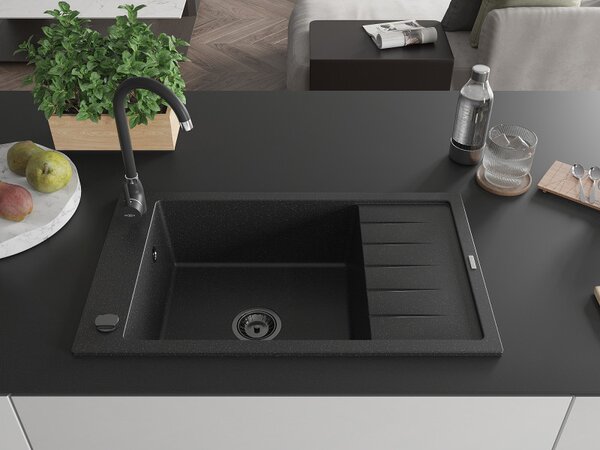 Mexen Elias, granitový dřez granitový 795x480x200 mm, 1-komorový, černá-stříbrná metalíza s černým sifonem, 6511791005-73-B