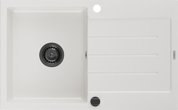 Mexen Bruno 1-miskový granitový dřez s odkapávačem 795 x 495 mm, Bílá, sifon Černá