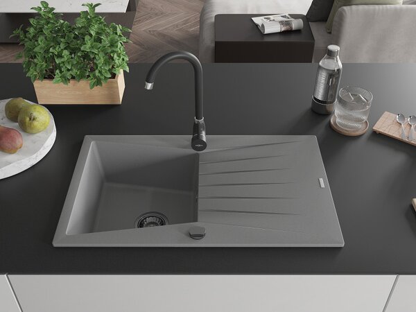 Mexen Cesar, granitový dřez 775x470x190 mm, 1-komorový, šedá s černým sifonem, 6514771010-71-B