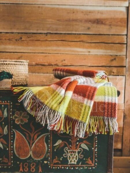 Deka z ovčí vlny Tartan Klevas zeleno oranžová s třásněmi 130 x 210 cm VÝPRODEJ