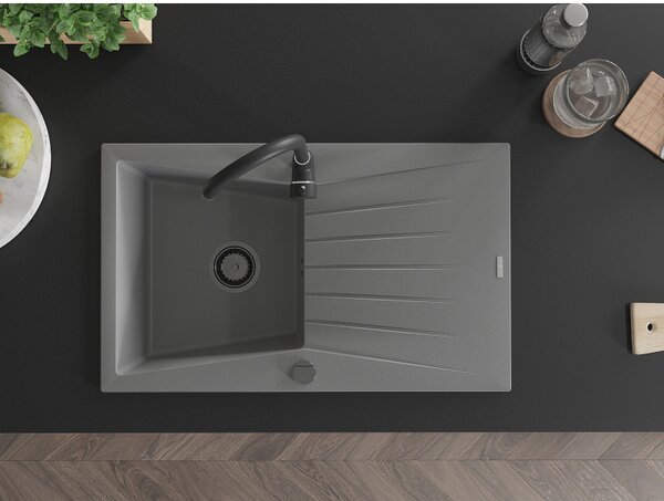 Mexen Cesar, granitový dřez 775x470x190 mm, 1-komorový, šedá s černým sifonem, 6514771010-71-B