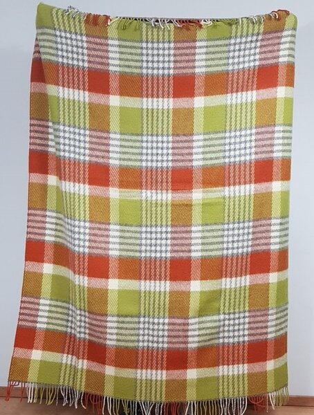 Deka z ovčí vlny Tartan Klevas zeleno oranžová s třásněmi 130 x 210 cm VÝPRODEJ