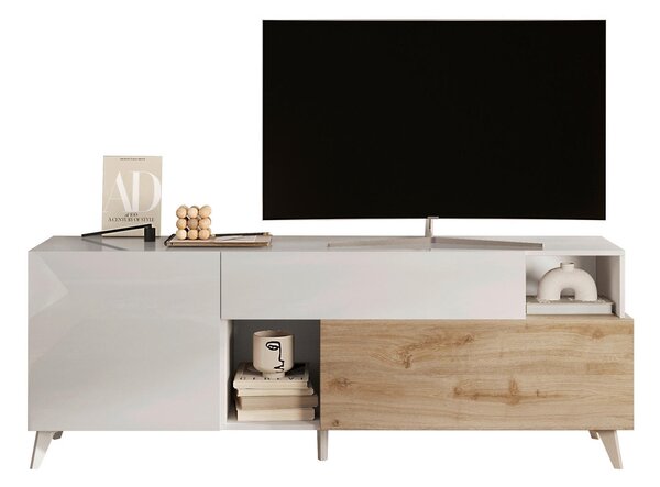 KOMODA POD TELEVIZI, barvy dubu, vysoce lesklá bílá, 181/67/42 cm Carryhome - Online Only obývací stěny, Online Only